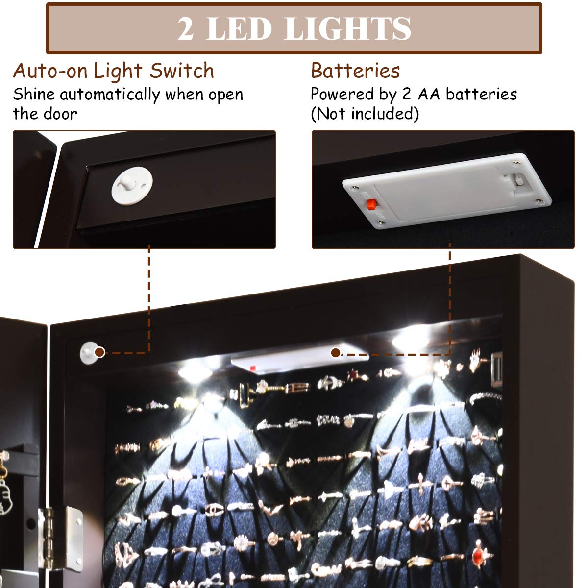 OFFICEJOY Wall/Door Mounted Jewelry Armoire w/Full-Length Mirror & LED Lights, Lockable Jewelry Armoire Mirror Organizer, Jewel Storage Hanging Cabinet w/Scarf Rod, 36 Hooks, 1 Makeup Pouch (Coffee)