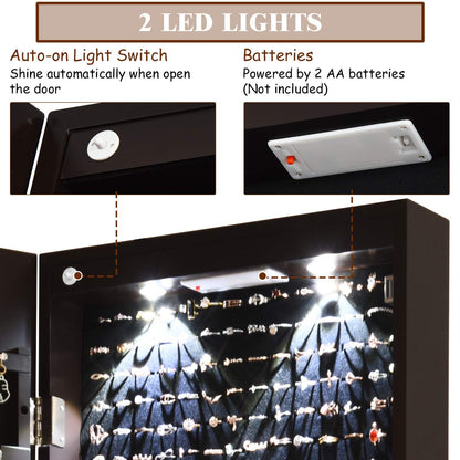 OFFICEJOY Wall/Door Mounted Jewelry Armoire w/Full-Length Mirror & LED Lights, Lockable Jewelry Armoire Mirror Organizer, Jewel Storage Hanging Cabinet w/Scarf Rod, 36 Hooks, 1 Makeup Pouch (Coffee)