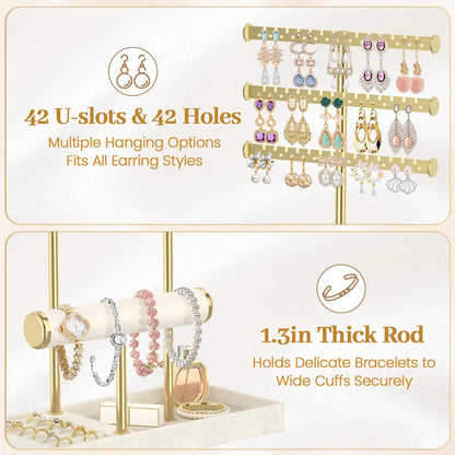 MODOWEY Necklace Holder Earring Stand Organizer, Wooden Velvet Bracelet Tree Rack with Ring Tray for Vendor Women Display Selling, Countertop T Bar Jewelry Tower Keep Everything Visible & Within Reach