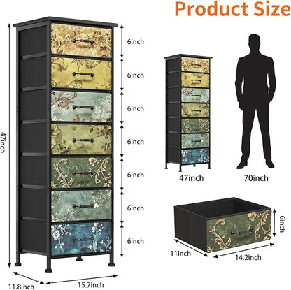Fixwal Vintage Flower Tall Dresser for Bedroom, Storage Dresser Organizer with 7 Fabric Drawers, Nightstand Furniture in Closet, Entryway