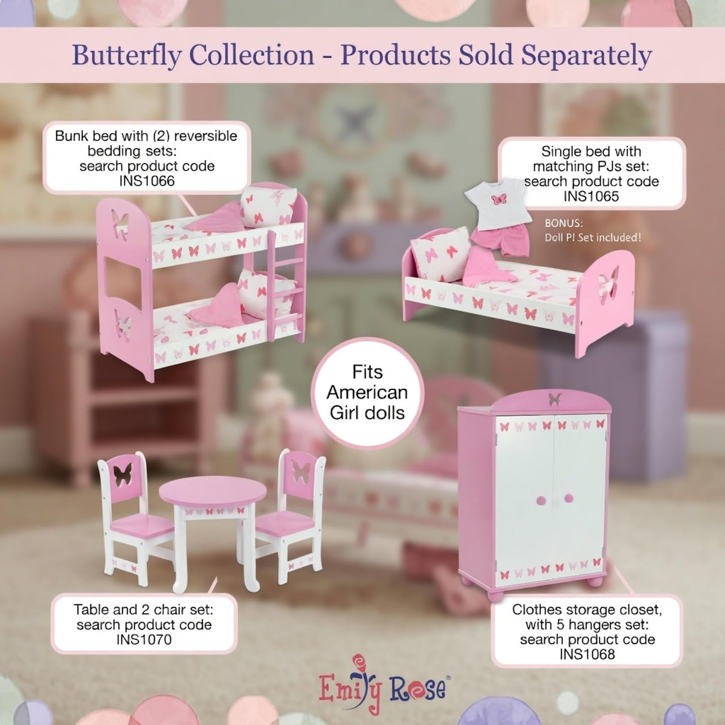 Emily Rose 18" Doll Open Wardrobe Closet - Butterfly Collection Storage Closet with 5 Hangers & 2 Large Fabric Bins | American Girl Compatible | USA Brand