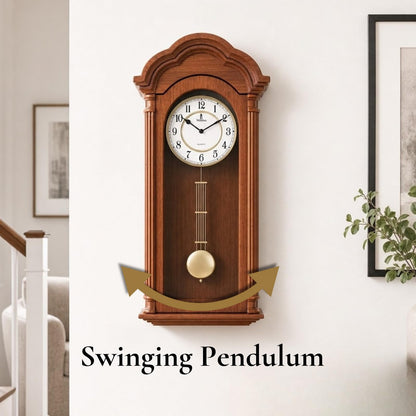 Grandfather Wall Clock with Pendulum — Large Hanging Wooden Battery Operated Non-Chiming Clock 26 x 12 inch - Quiet, Solid Wood Clock for Living Room, Entryway & Home Décor