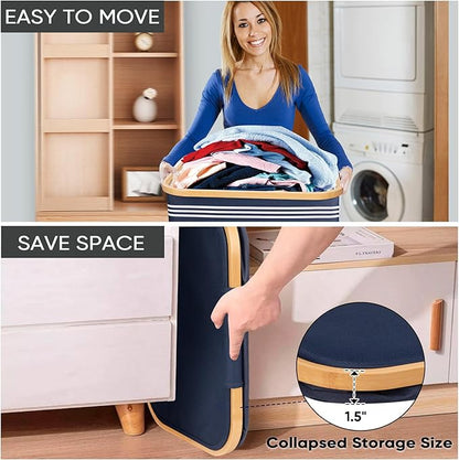 BALEINE Laundry Hamper with Lid, Tall Laundry Baskets with Bamboo Pull Handles