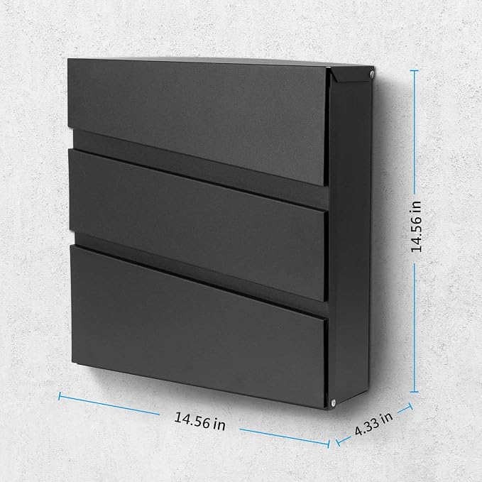 Wall-Mount Mailbox with Lock and Keys, Security Key Drop Box for House Outside, Locking Postbox, Steel Metal Rust-Proof Mail Box, 14.57 x 14.57 x 4.33 Inch, Black, MD002 X-Large