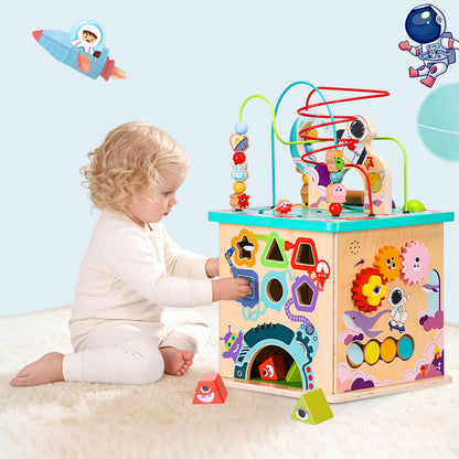 Udeas Pre-Assembled 9 in 1 Large Wooden Activity Cube. Educational Learning Toy for Kids with Bead Maze, Shape Sorter and Music Gears and More. for Toddlers 18 M+. Birthday Gifts for Boys and Girls