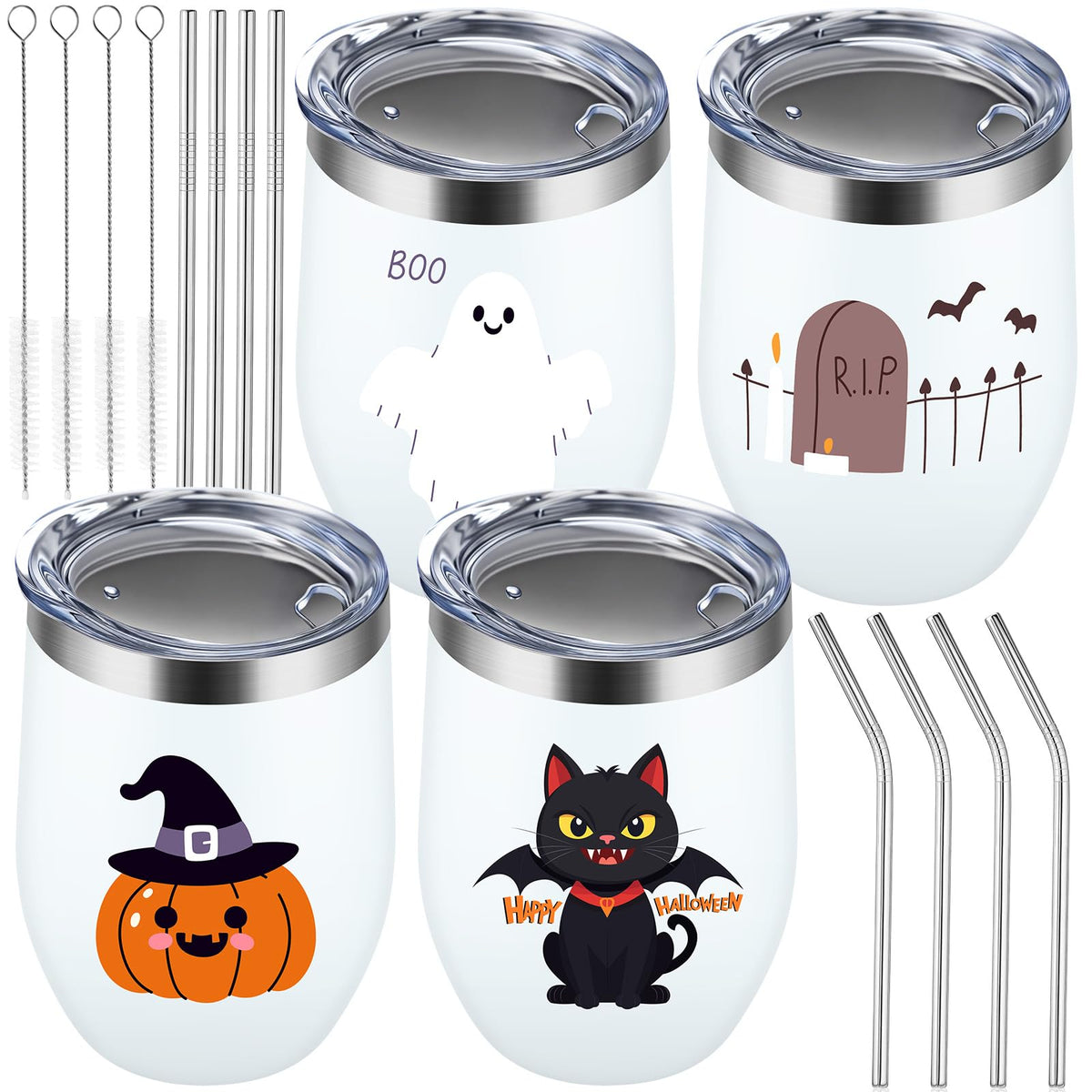 Singhoow 4 Set Halloween Themed Insulated Wine Tumbler 12 oz Stainless Steel Eggshell Cup Pumpkin Ghost RIP Tombstone Cat Bat Gifts for Anniversary Birthday Gifts for Mom Women Colleagues