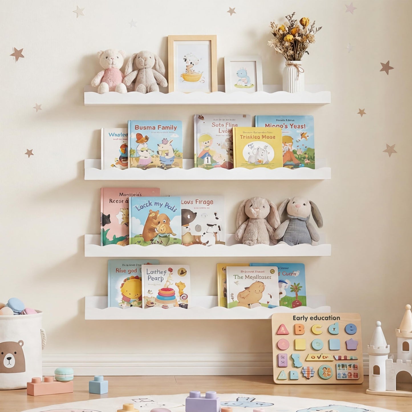 Fun Memories Picture Ledge Shelf for Wall, 48 inch Pine Wood Nursery Book Shelves Set of 2- Wall Book Shelves for Kids Room, Home Decor - Kitchen Spice-White