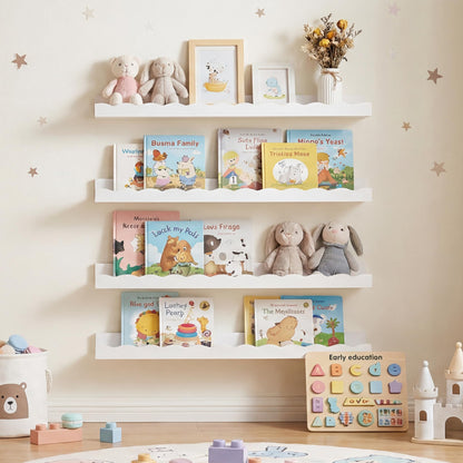 Fun Memories Picture Ledge Shelf for Wall, 48 inch Pine Wood Nursery Book Shelves Set of 2- Wall Book Shelves for Kids Room, Home Decor - Kitchen Spice-White