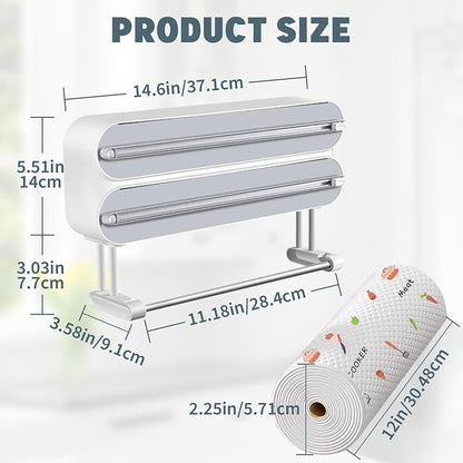 AUSTUFF 3 in 1 Plastic Wrap Dispenser with Cutter，Magnetic Aluminum Foil and Adhesive Film Organizer, Wall Mount Kitchen Wrap Organizer, Cling Wrap Dispenser with Paper Towel Holder and Cutter