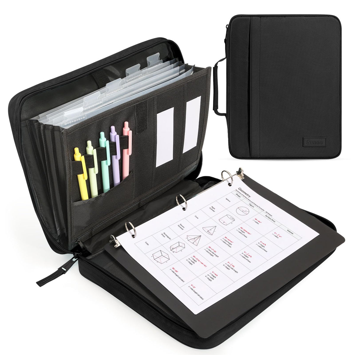 SUNEE Zipper Binder 1 Inch, Removable 3-Ring Binder, 175-Sheet Capacity, 5-Tab Dividers Expanding File Folder, Small Binder Bag Organizer Storage for Student School Classroom Supplies, Black