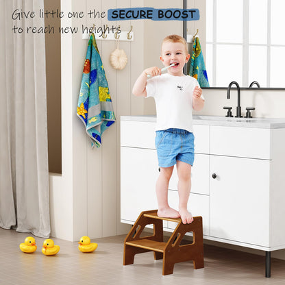 Harwaya Wooden Toddler Step Stool for Bathroom Sink, Dark Wood Kids Toilet 2 Step Stool for Toddlers Potty Training, Baby Child Stepping Stools with Handles for Bedroom Kitchen Counter (Walnut Brown)