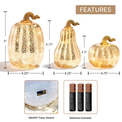 Gold Glass Pumpkin with Lights - Set of 3, Mercury Glass Style, Batteries Included, Thanksgiving Harvest Decorations, Timer, LED Lighted Gold Pumpkins for Decorating Fall