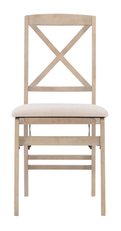 Keira Grey Wash Wooden Folding Chair with Beige Upholstered Seat and Classic Wooden X Back by Linon
