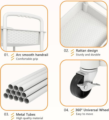 MOYIPIN 4-Tier Plastic Rolling Utility Cart with Handle,Utility Storage Cart for Office, Living Room, Kitchen,Movable Storage Organizer Shelves,White