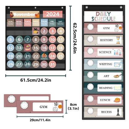 Monthly Calendar Pocket Chart for Classroom, Printed Days of The Week with Cards, Learning for Home or Kindergarten, Teacher Must Have Supplies That Fits Any School Décor (Black Calendar+Daily Schedule)