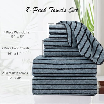 8 Pcs Grayish Blue Cabana Stripe Large Bath Towel Oversized Bath Sheet-2
