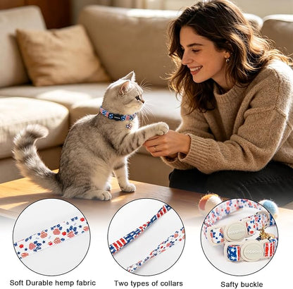 2 Pack Independence Kitten Collar Breakaway with Bell, Adjustable Safety Striped Star Flag Cat Cotton Collar for Girl Boy Cat and Small Pet，Adjustable Kitten Collar 7-12 Inch