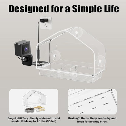 Smart Window Bird Feeder with 2K Camera & AI Identification, Strong Suction Cup Mount, All-Weather Design, Real-Time Alerts, Easy to Install, for Apartments & Homes, for Bird Lovers