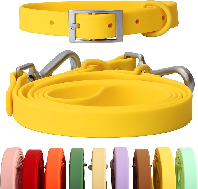 Dog Collar and Leash Set, Durable Waterproof Dog Leashes Collars, 5 Length Setting Adjustable Dog Collars for Large Medium Small Dogs (Yellow, M)