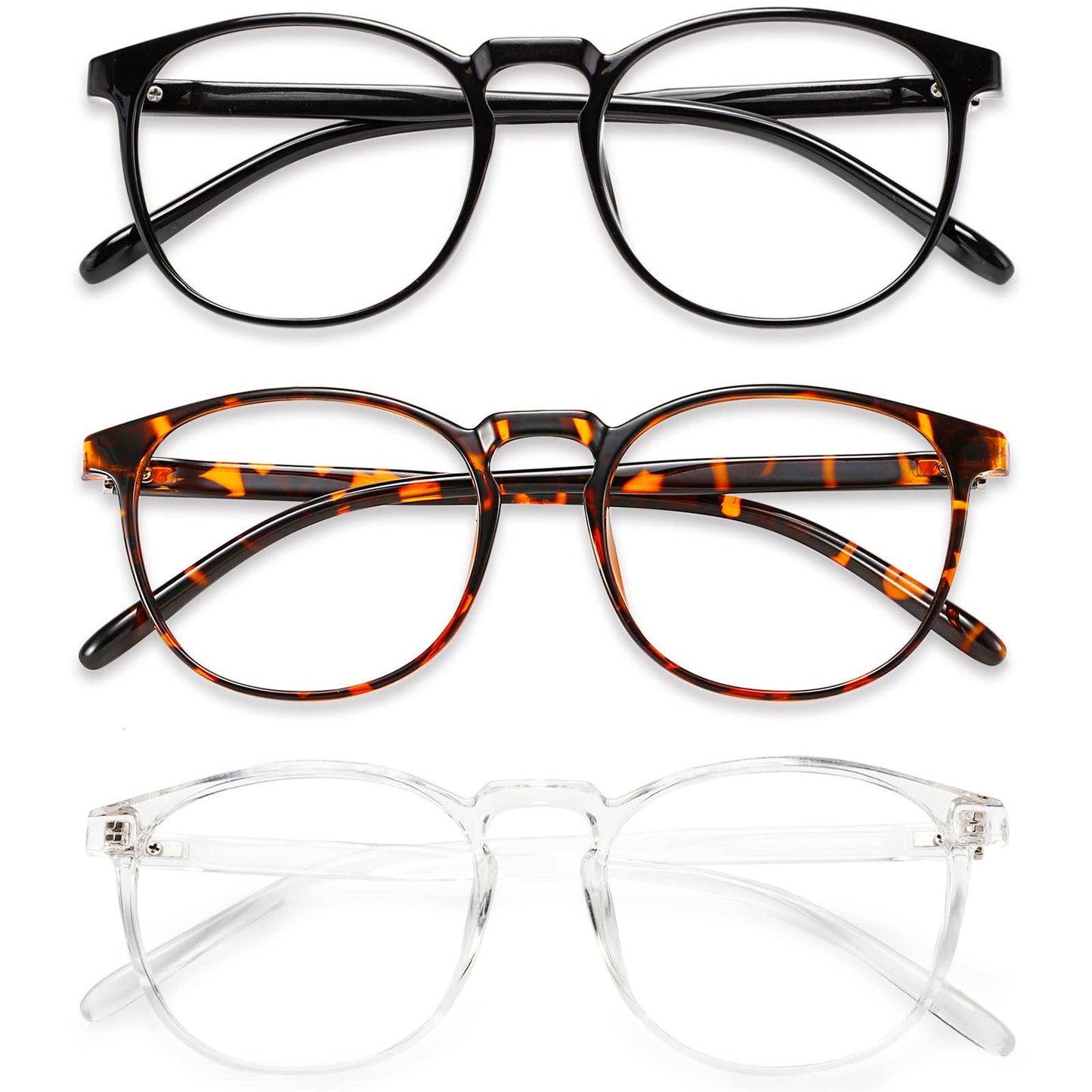 Przene 3 Pack Blue Light Blocking Glasses Women/Men,Retro Round Computer Glasses Anti Eye Strain/UV/Glare, Gaming Glasses. (Black/Crystal/Amber)