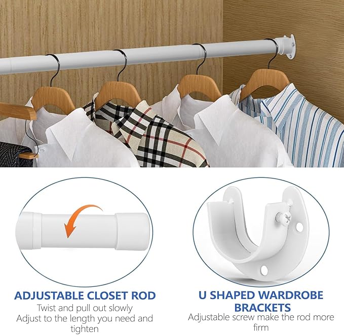 SUTINE Closet Rod, 17 to 68Inch Closet Rods for Hanging Clothes, Heavy Duty Adjustable Closet Hanging Rod Bar White Closet Poles for Wardrobes, Closet, Bathroom, Windows, 1.3Inch Diameter