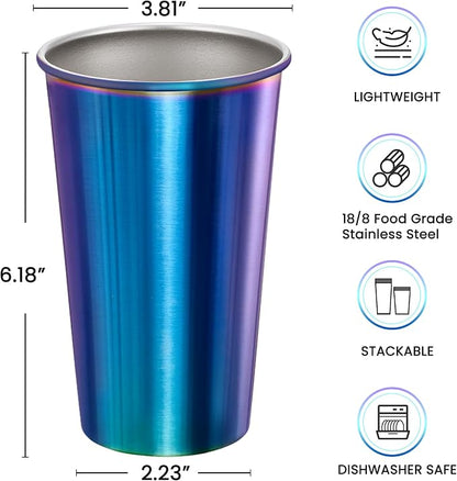 MEWAY 16 Pack 24oz Stainless Steel Pint Cup,Healthy Unbreakable and Stackable,Metal Drinking Glasses，Beer Glasses（Rainbow）