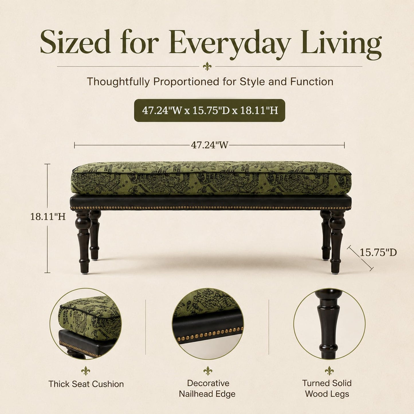 Forteek 47" End of Bed Bench, Traditional Upholstered Bedroom Bench with Removable Washable Jacquard Fabric Cover, Nailhead Trim, Vintage Accent Bench for Bedroom Living Room Entryway(Vintage Green)