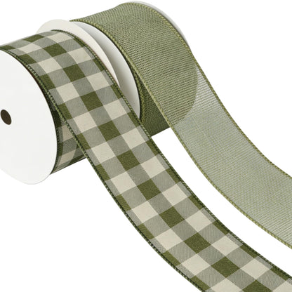 Meseey 2.5 Inch Green Burlap Wired Ribbon Set, 2 Rolls Total 10 Yards Solid Sage Green & Green White Buffalo Check Wired Edge Ribbons for Gift Wrapping, Wreaths, Crafts, Farmhouse Home Decorations
