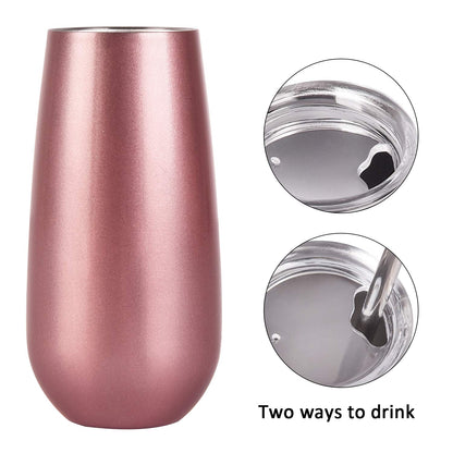 Lifecapido 6 Pack Stemless Double Insulated Champagne Flute Tumbler with Lid, 6 Oz Unbreakable Reusable Cocktail Champagne Toasting Glasses, Good Gift for Friends Family Christmas Birthday, Rose Gold