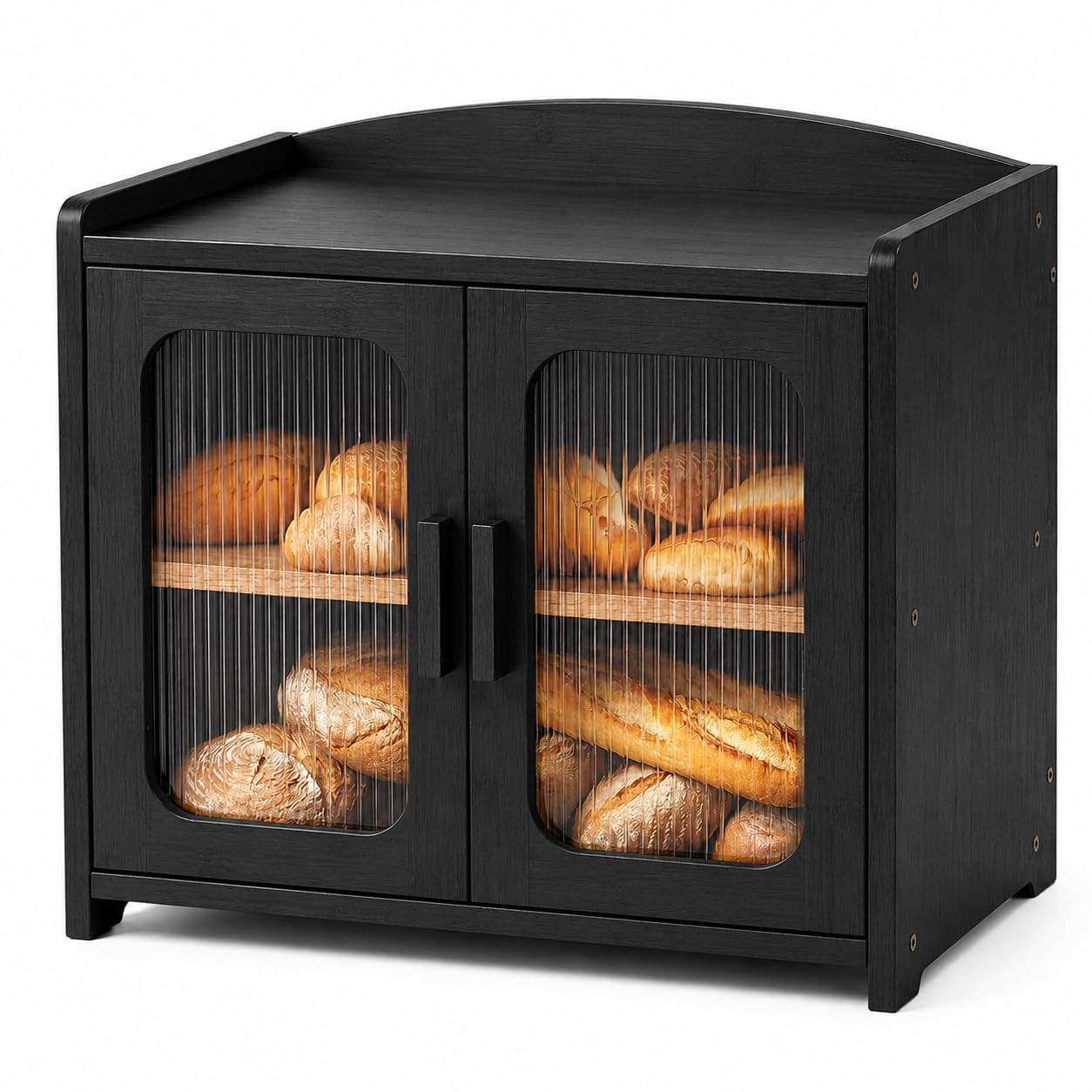 Florwish Bread Box for Kitchen Countertop, Large Capacity Bamboo Bread Box, Farmhouse Bread Storage, 2 Tier Corner Bread Box for Homemade Bread, Sourdough Bread and Bagels, Black