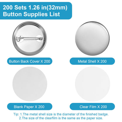 KUNTAERY 200Set 1.26 Inch Button Maker Supplies, 32mm Button Supplies Parts, Approx. 1.25 Inch Metal Blank Badge Parts with Blank Paper for Maker Machine Pin Maker Press