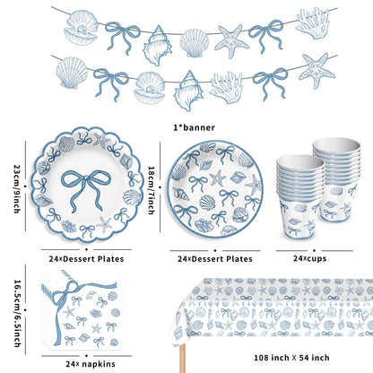 Seashell Party Decorations Ocean Sea shell Party Plates Supplies Blue Bow Seashell Paper Plates Napkins Tablecloth for The Summer I Turned Pretty Party Decorations, Serves 24