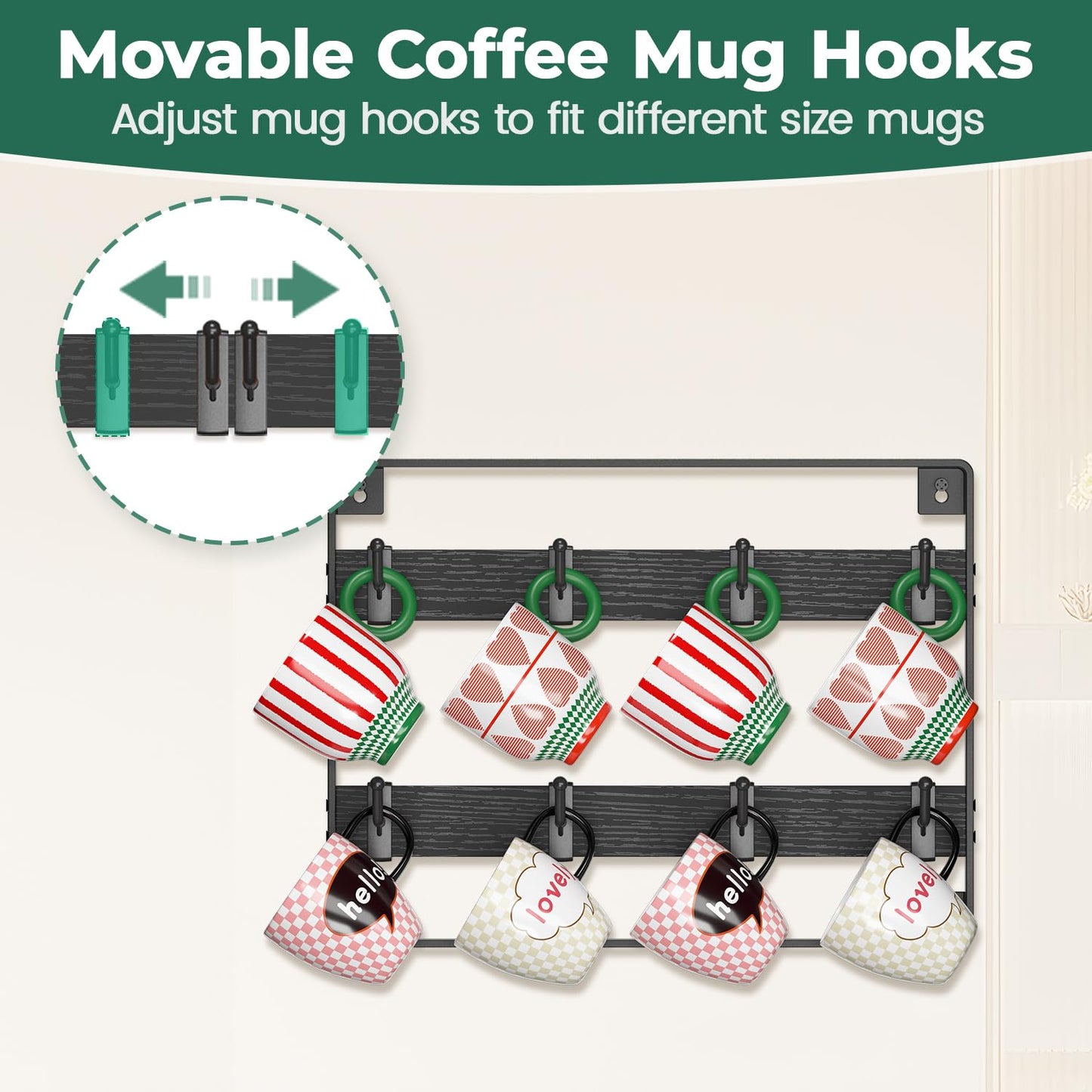 EsLuker.ly Mug Holder Hanger Rack Wall Mounted Wooden 4 Pack Coffee Cup Storage Organizer Display Shelf with 32 Movable Plastic Hooks, Ideal for Mug Collectors, Black