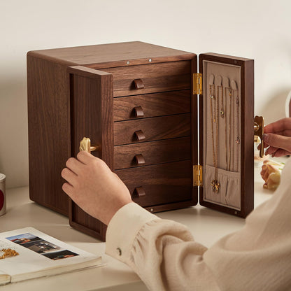 Homruilink Wooden Jewelry Box 5 Layer Black Walnut Large Jewelry Organizer with Brass Handle for Necklaces Rings Earrings Watches Storage, Fathers Day Gift (7.9x8.7x10.0inches)