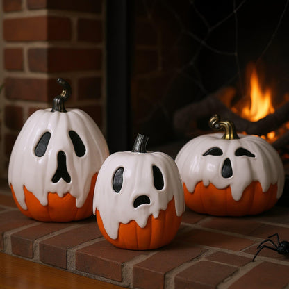 Colingmill 3 PCS Halloween Ghost Pumpkin Decoration - 9.8" 8.7" 7.1" Large Resin Jack O Lantern Ghost Pumpkin Spooky Figurine Set for 2025 Fall Statue Decoration Indoor Outdoor