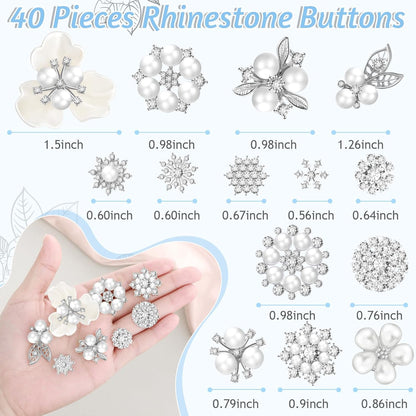 Wavwavw 40 Pcs Rhinestone Buttons Faux Pearl Buttons Flower Flat Back Embellishment Appliques for Craft Jewelry Making DIY Wedding Decor Bouquet Hair Clothes Bag Shoe Home Party