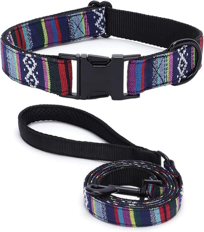 Dog Collar and Leash Set for Dogs Walking Bohemia Ethnic Style | Soft Durable Nylon Adjustable Collar with Metal Buckle 5ft Matching Leash with Padded Handle for Small Medium Large Dogs