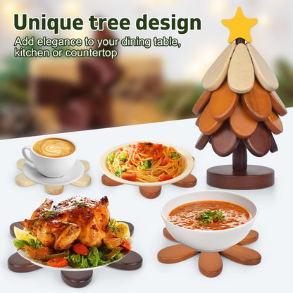 Wooden Tree Trivets for Hot Dishes,Tree Trivet Coasters Christmas Tree Shape Trivet Set of 4 for Hot Pot Pans, Wood Coasters Table Decor Coaster for Bowls Teapots Drinks Plates