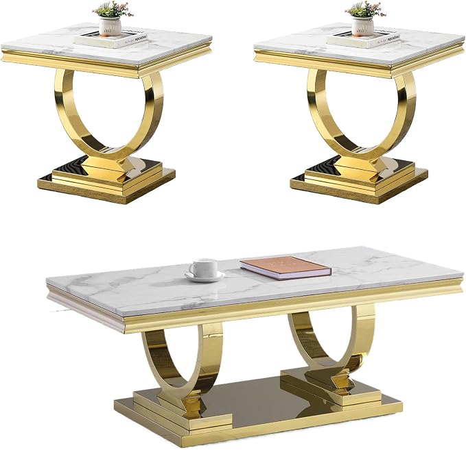 3 Piece Living Room Table Set Include 1 Faux Marble Coffee Table & 2 End Tables, Modern White Gold Coffee Table Set of 3 with Double O Shape Stainless Steel Pedestal Base