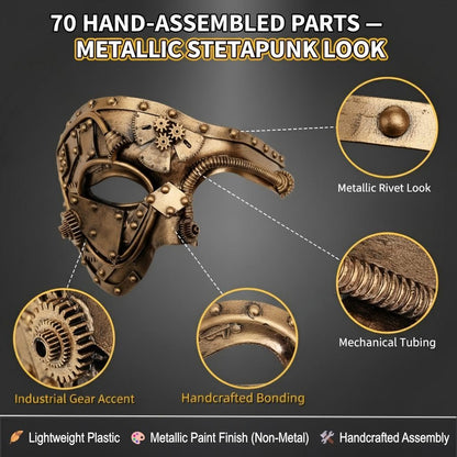 Ubauta Steampunk Cyborg Mask for Halloween: Handcrafted Plastic with Gold Metallic Finish - DIY Repair Strip & Adjustable Fit