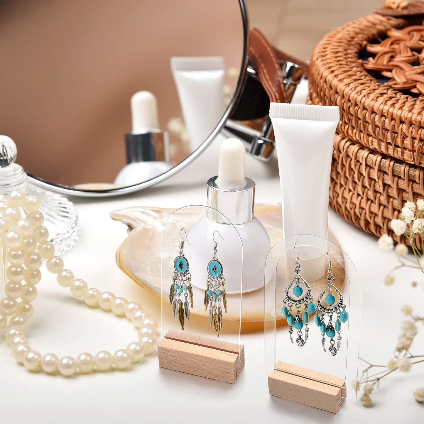48 Pieces Acrylic Earring Display Stand Jewelry Retail Holder Arch Holder Solid Hollow Acrylic Sign Stand Jewelry Displays with Wooden Bases for Studs Dangle Earring