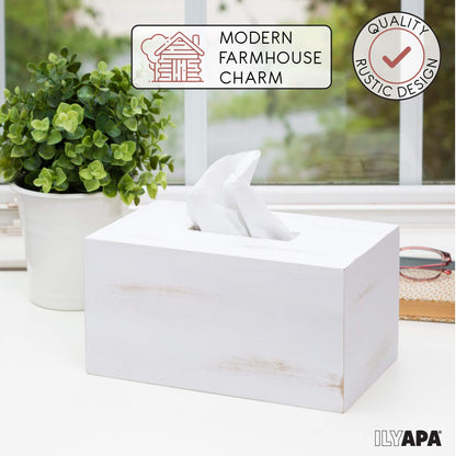 Ilyapa Wood Tissue Box Cover Rectangular - Rustic Farmhouse White Wooden Tissue Holder