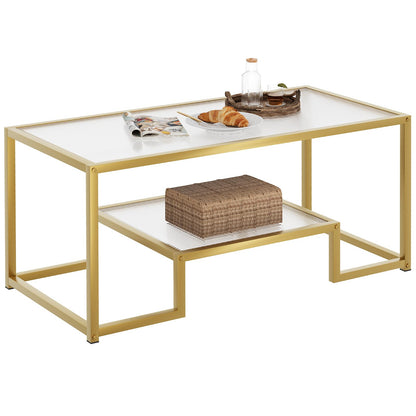 Wolawu Coffee Table Gold Glass Coffee Table for Living Room,2 Tiers Rectangle Center Table with Ribbed Glass Top and Sturdy Metal Frame,Modern Glass Accent Table for Bedroom Home Office