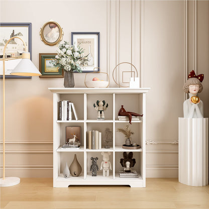 OSCHF Wooden Cube Shelf Bookcase - Modern 3 Tiers Floorstanding Open Bookshelf with Base for Home and Office, 9 Cubes Storage Cabinet, Warm White