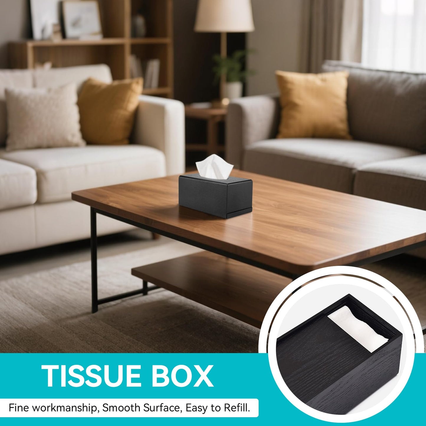 Wood Grain Tissue Box Cover with Easy Refill Slide Out Bottom, Modern Black Decorative Wooden Tissue Box Cover Rectangle Refillable Bathroom Facial Napkin Tissuebox Cover Holder (Black)