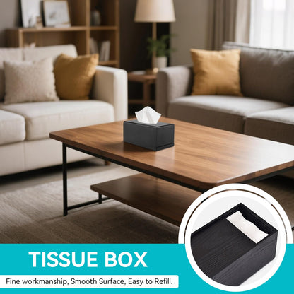 Wood Grain Tissue Box Cover with Easy Refill Slide Out Bottom, Modern Black Decorative Wooden Tissue Box Cover Rectangle Refillable Bathroom Facial Napkin Tissuebox Cover Holder (Black)
