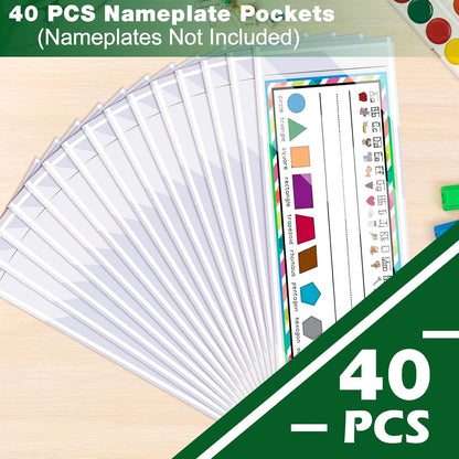 Meetory 40 PCS Upgraded Nameplate Pocket, Self Adhesive Desk Nameplates Name Tag Pocket, No Residue Clear Plastic View Name Tag Sleeves for Classroom Desk, Office Supplies (12.2" x 3.7")