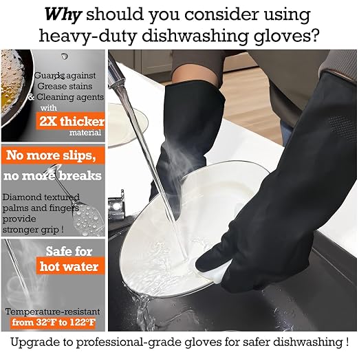 Heavy-Duty Thick Black Rubber Cleaning Gloves, 2 Pairs, M | Reusable & waterproof black/orange dual layers. Non-slip design for dishwashing, kitchen cleaning, and auto care.