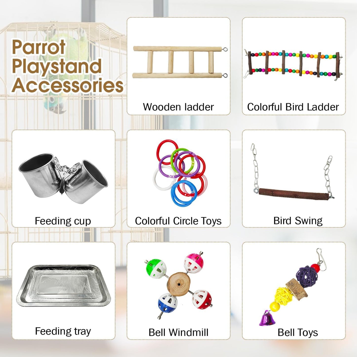 PINVNBY Bird Playground Parrot Playstand Play Gym Cockatiel Wood Bird Toys Birds Cage Accessories Playpen Ladder with Feeder Cups Hanging Swing Toys for Parakeet Conure Lovebird Cockatiel