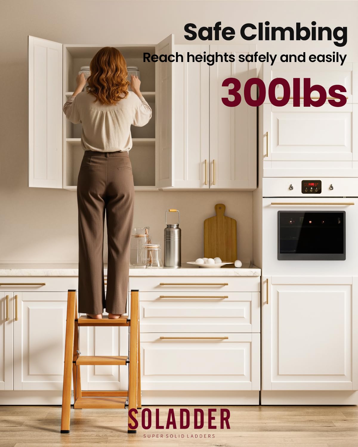 SOLADDER 3 Step Ladder, Folding Aluminum 3 Step Stool with Anti-Slip Wide Sturdy Pedal, Multi-Use for Home and Kitchen, Space Saving-Woodgrain(300 lbs Capacity)
